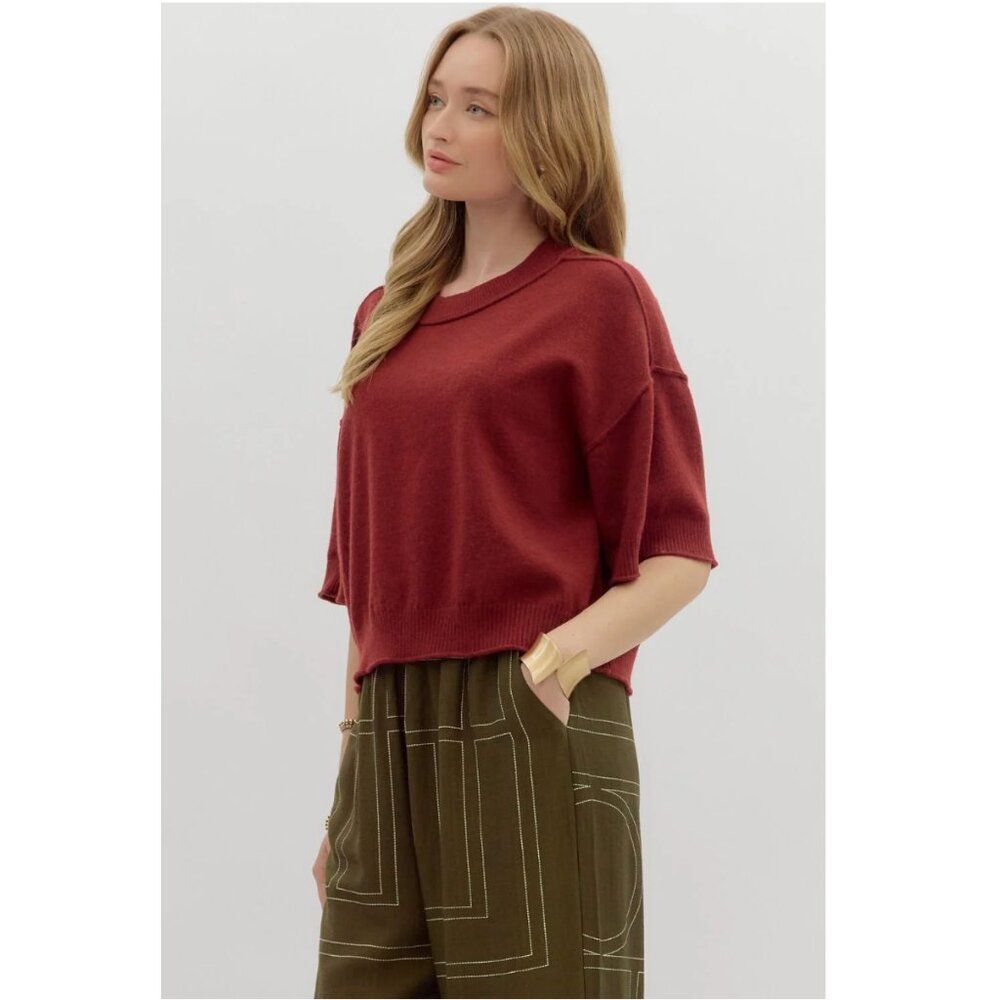 Entro‎ Solid Sweater Knit ¾ Wide Sleeve Pullover